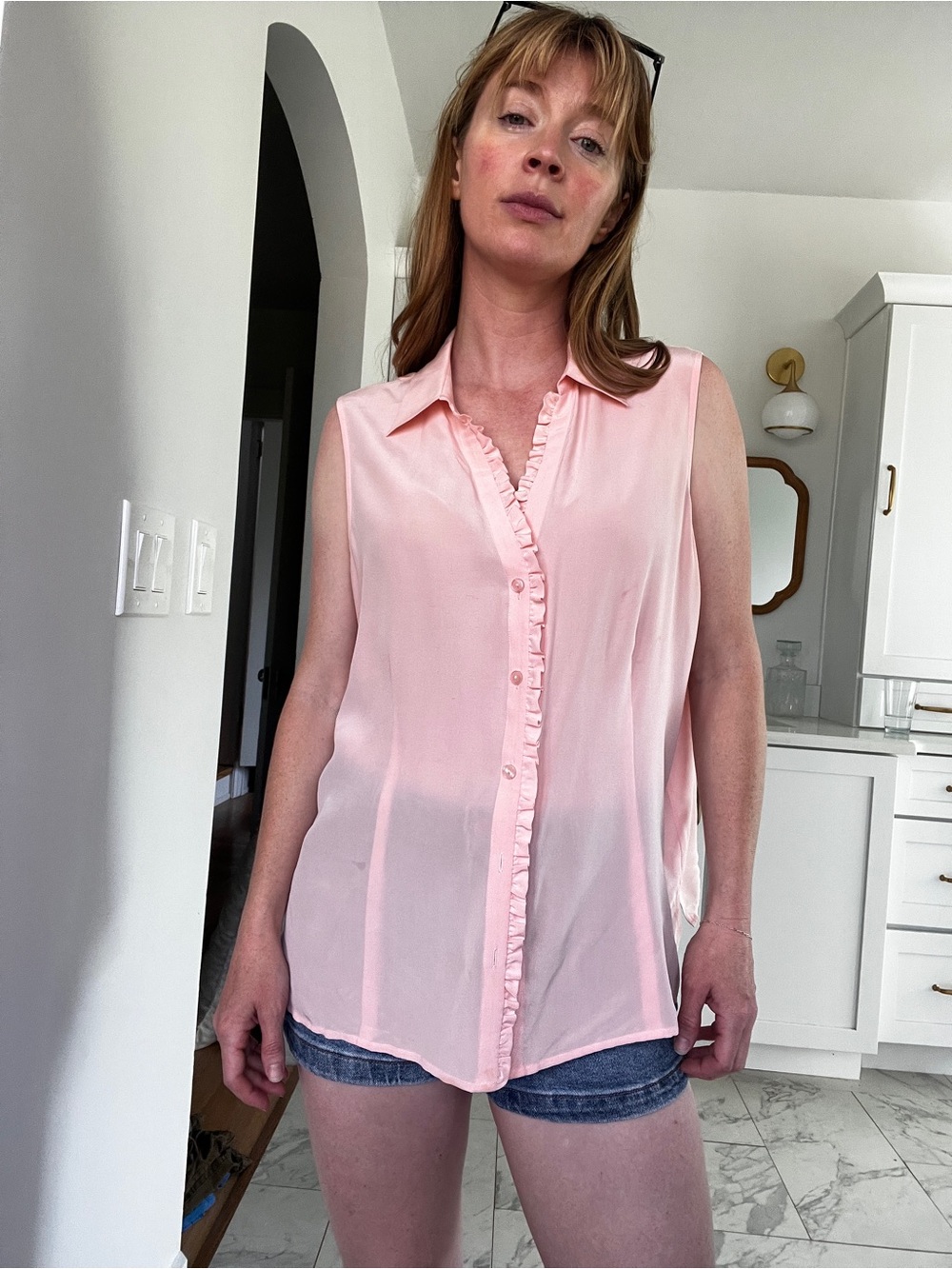 American Vintage Pale Pink Sleeveless Ruffle-Trim Blouse